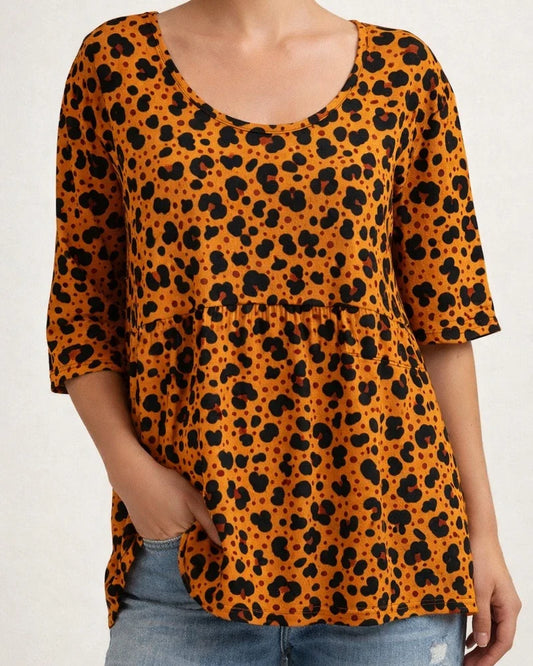 Summer Women's T-shirt Casual Printed Medium Sleeve Ruffled Round Neck Top | JRSEE:9c30d31c-2104-480a-a492-06bb01a81ef4