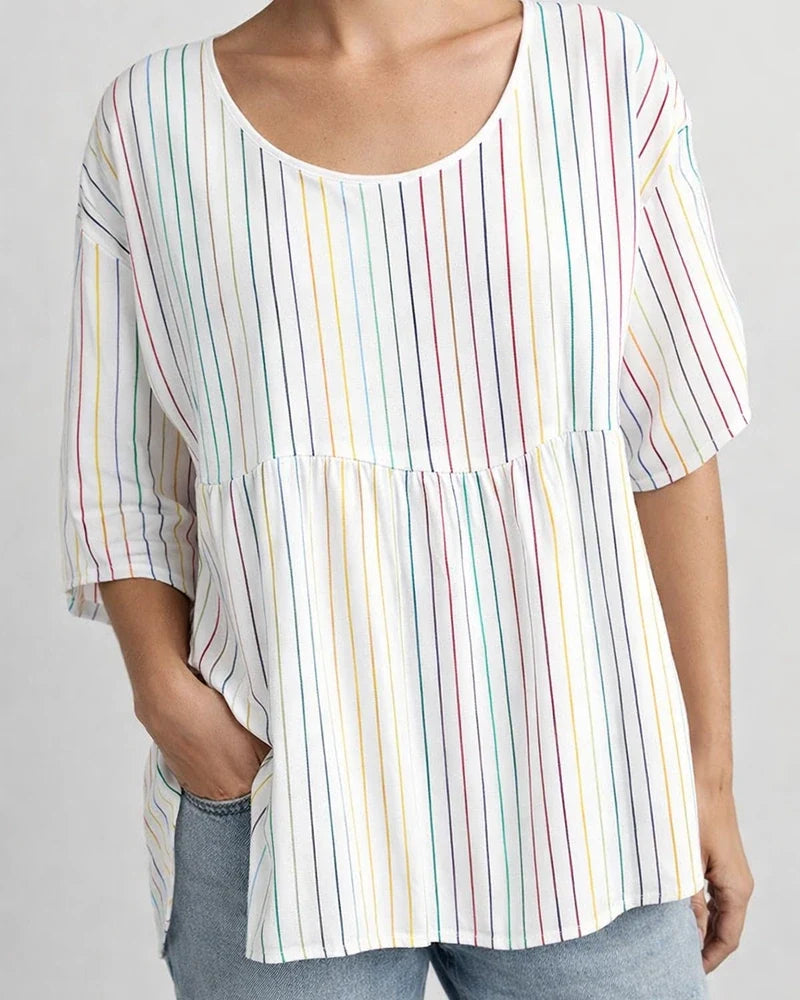 Summer Women's T-shirt Casual Printed Medium Sleeve Ruffled Round Collar Striped Tops | JRSEE:59b193f6-9000-45f9-9980-0e1c9cd2789d