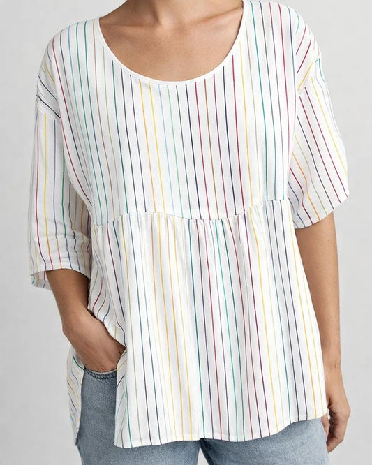 Summer Women's T-shirt Casual Printed Medium Sleeve Ruffled Round Collar Striped Tops | JRSEE:59b193f6-9000-45f9-9980-0e1c9cd2789d