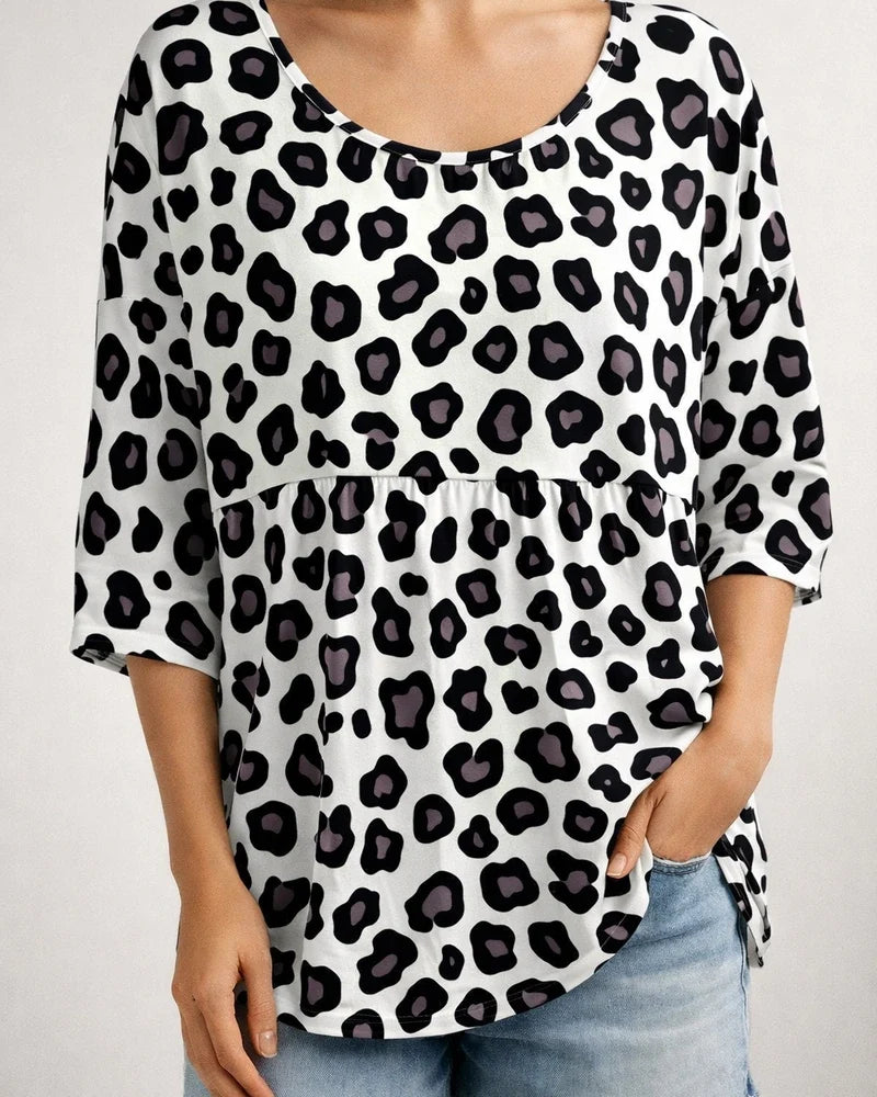 Summer Women's T-shirt Casual Printed Medium Sleeve Ruffled Round Neck Top | JRSEE:f46f16bf-8ec8-40fa-9352-c666907dd81a
