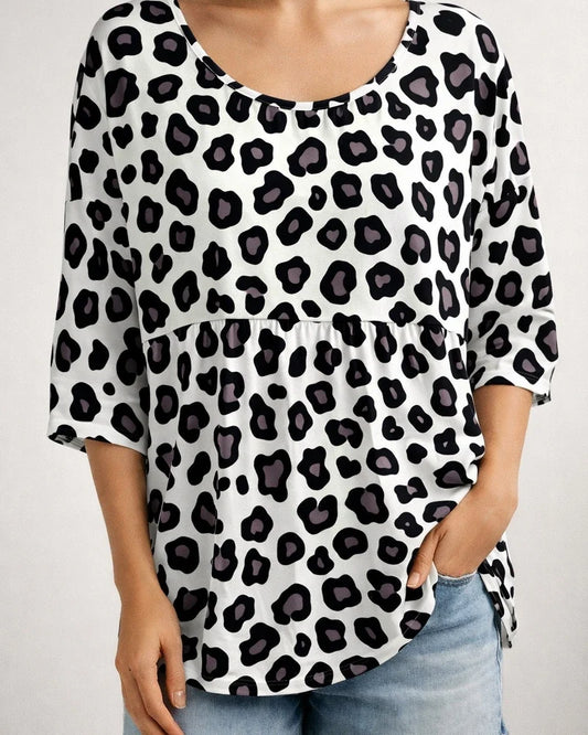 Summer Women's T-shirt Casual Printed Medium Sleeve Ruffled Round Neck Top | JRSEE:f46f16bf-8ec8-40fa-9352-c666907dd81a