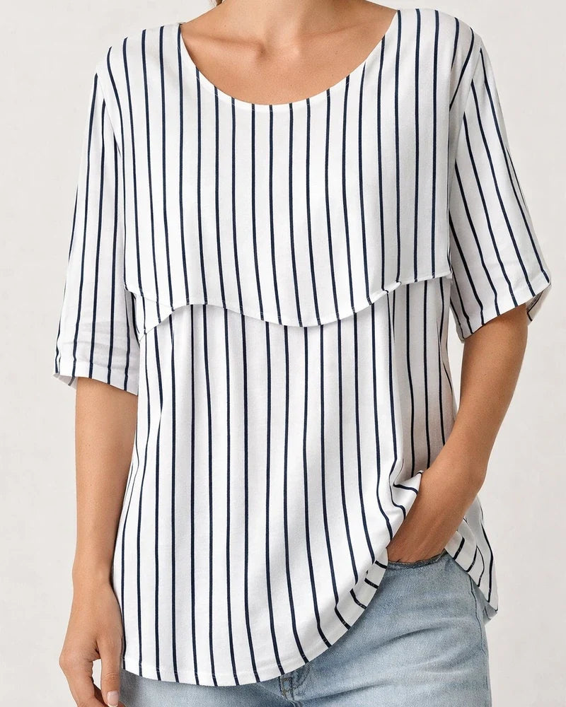Summer Women's T-shirt Casual Printed Medium Sleeve Ruffled Round Collar Striped Tops | JRSEE:16268f30-2f04-4743-9aef-cd8e082be2a7