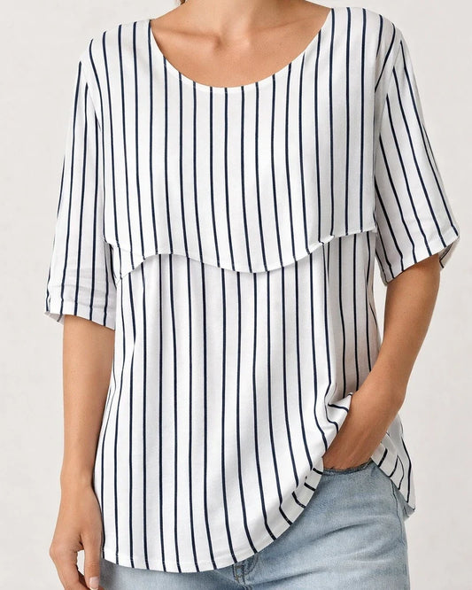 Summer Women's T-shirt Casual Printed Medium Sleeve Ruffled Round Collar Striped Tops | JRSEE:16268f30-2f04-4743-9aef-cd8e082be2a7