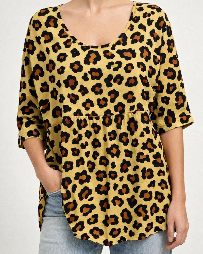 Summer Women's T-shirt Casual Printed Medium Sleeve Ruffled Round Neck Top | JRSEE:dd60666f-460b-4b6e-8955-c37c2a1dad8a
