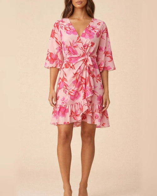 Temperament Commuter Printed V-Neck Twist Waisted Bat Sleeve Ruffle High Waisted Short Sleeve Short Dress Dress | JRSEE:9a766599-b562-40e2-8f4c-4dccf6bbc39c