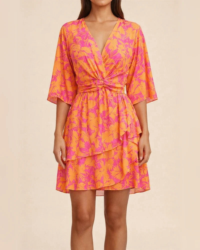 Temperament Commuter Printed V-Neck Twist Waisted Bat Sleeve Ruffle High Waisted Short Sleeve Short Dress Dress | JRSEE:f2cd1652-523b-4e5c-8f97-3e9a1ea1f3f8