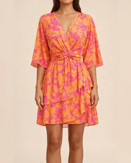 Temperament Commuter Printed V-Neck Twist Waisted Bat Sleeve Ruffle High Waisted Short Sleeve Short Dress Dress | JRSEE:f2cd1652-523b-4e5c-8f97-3e9a1ea1f3f8