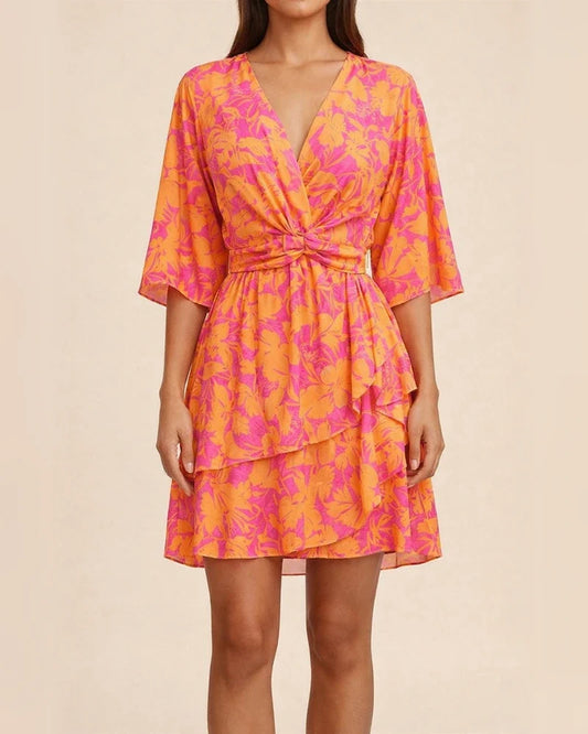 Temperament Commuter Printed V-Neck Twist Waisted Bat Sleeve Ruffle High Waisted Short Sleeve Short Dress Dress | JRSEE:f2cd1652-523b-4e5c-8f97-3e9a1ea1f3f8