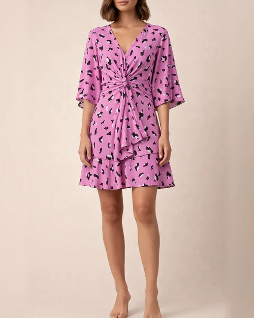 Temperament Commuter Printed V-Neck Twist Waisted Bat Sleeve Ruffle High Waisted Short Sleeve Short Dress Dress | JRSEE:c1097861-158f-429d-bfc7-a5e200907fe4