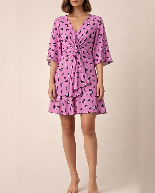 Temperament Commuter Printed V-Neck Twist Waisted Bat Sleeve Ruffle High Waisted Short Sleeve Short Dress Dress | JRSEE:c1097861-158f-429d-bfc7-a5e200907fe4