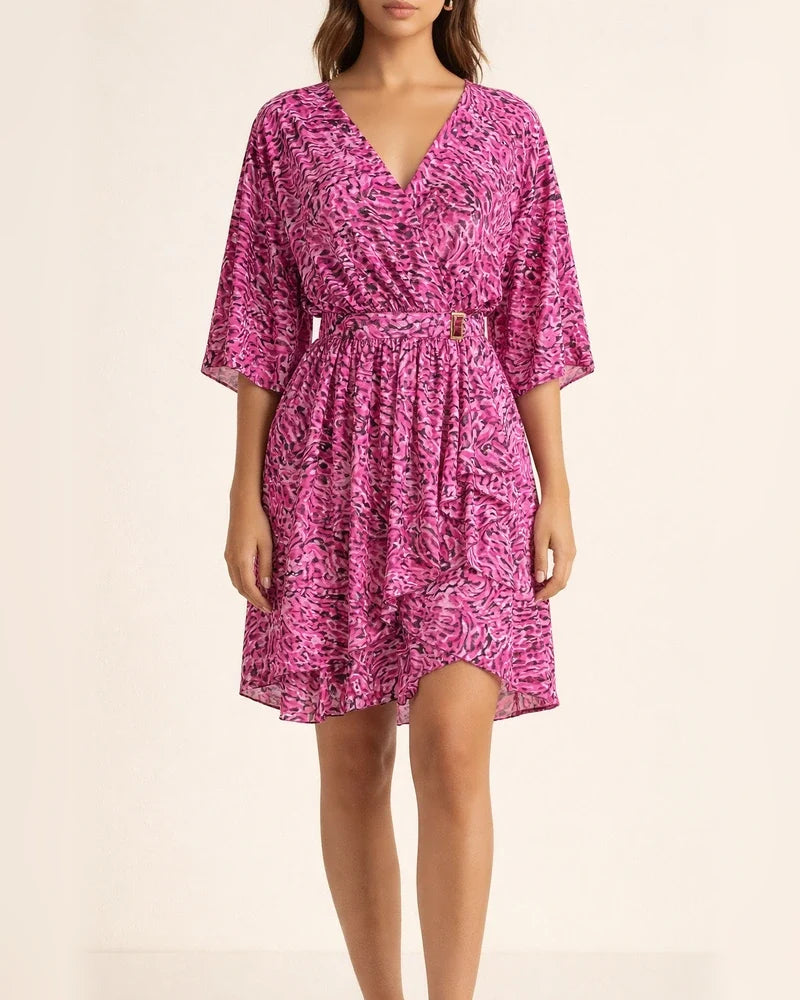 Temperament Commuter Printed V-Neck Twist Waisted Bat Sleeve Ruffle High Waisted Short Sleeve Short Dress Dress | JRSEE:e0107b45-e4ad-4617-9983-14e4e24fc782