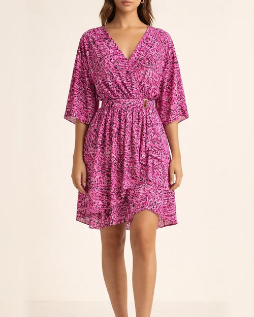 Temperament Commuter Printed V-Neck Twist Waisted Bat Sleeve Ruffle High Waisted Short Sleeve Short Dress Dress | JRSEE:e0107b45-e4ad-4617-9983-14e4e24fc782