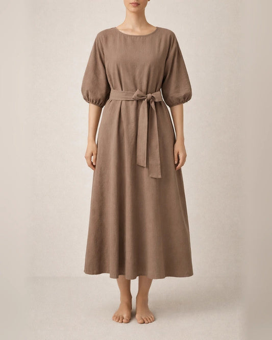 Temperament mid-length high waist tied solid color round neck lacing dress | JRSEE:a95d0001-e64a-45c7-acba-2d56c1a24850
