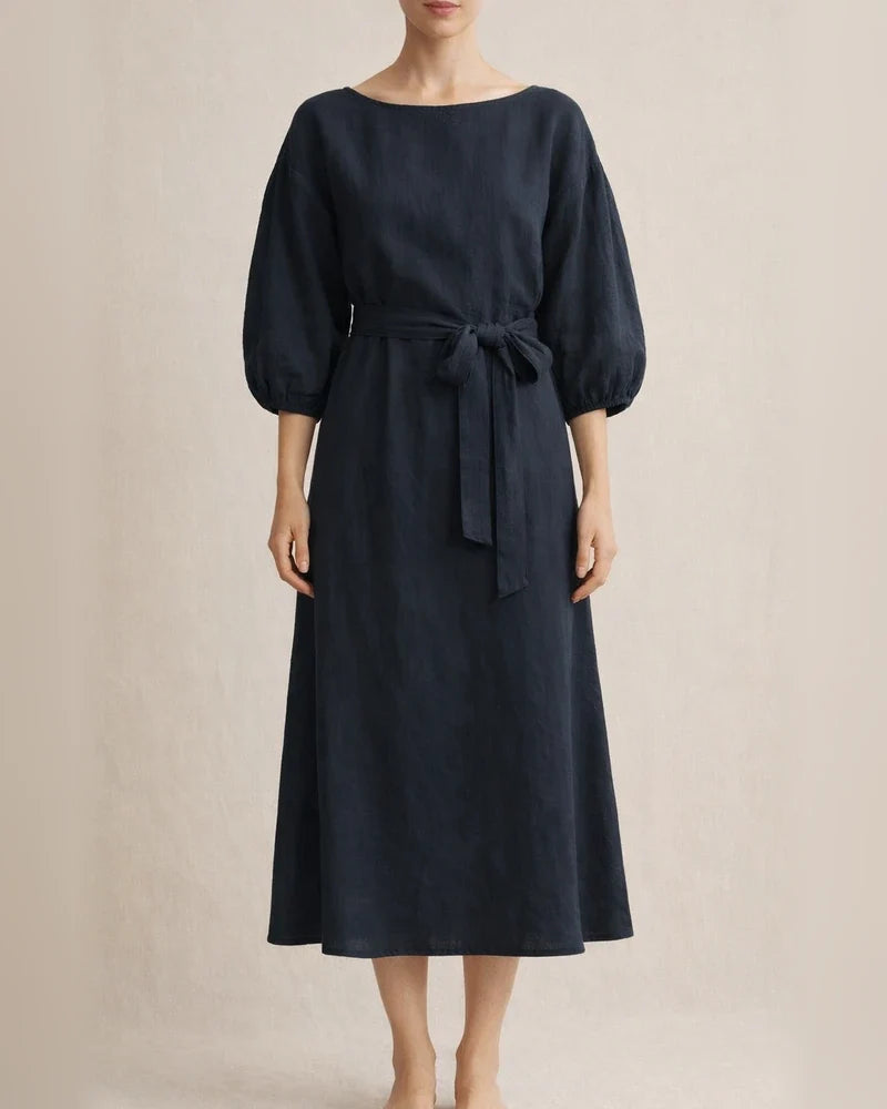 Temperament mid-length high waist tied solid color round neck lacing dress | JRSEE:be9d5033-872e-47e0-8f67-53ef534d31d2
