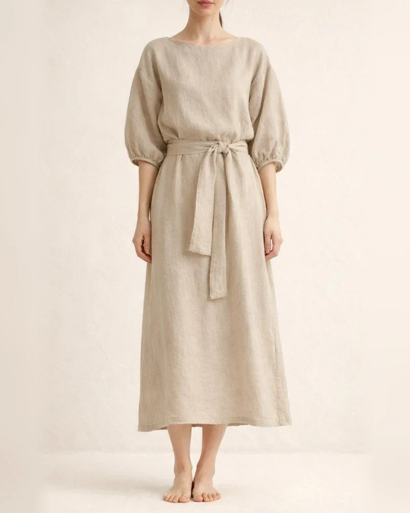 Temperament mid-length high waist tied solid color round neck lacing dress | JRSEE:d1be2e6b-daad-4812-af37-8d5a174002b3