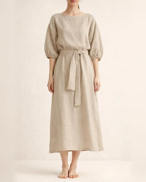Temperament mid-length high waist tied solid color round neck lacing dress | JRSEE:d1be2e6b-daad-4812-af37-8d5a174002b3