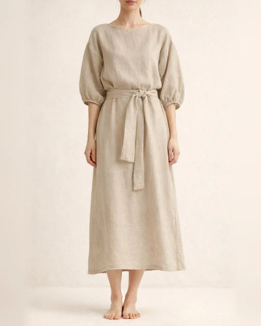 Temperament mid-length high waist tied solid color round neck lacing dress | JRSEE:d1be2e6b-daad-4812-af37-8d5a174002b3
