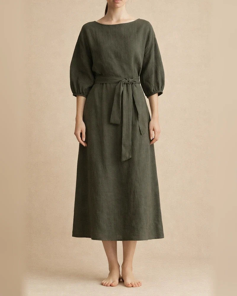 Temperament mid-length high waist tied solid color round neck lacing dress | JRSEE:61d38527-68c7-462f-a4be-9ab93b28f307