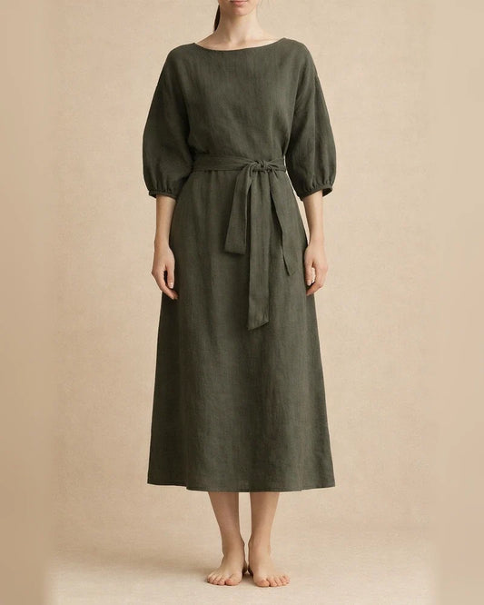 Temperament mid-length high waist tied solid color round neck lacing dress | JRSEE:61d38527-68c7-462f-a4be-9ab93b28f307