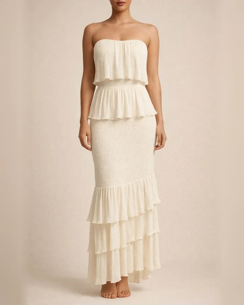 The New Temperament Commuter Elegant Sleeveless Breastless V-neck To Play Range Pressure Pleated Ruffle Long Dress | JRSEE:9a36092c-7511-4a8f-aca1-2224c8861e8e