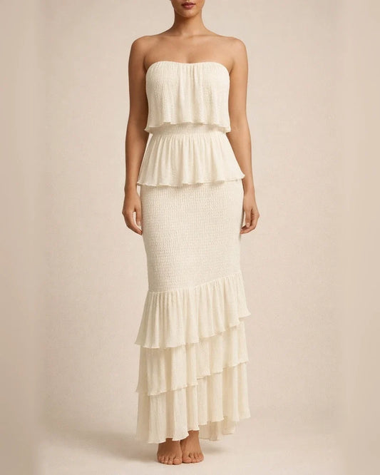 The New Temperament Commuter Elegant Sleeveless Breastless V-neck To Play Range Pressure Pleated Ruffle Long Dress | JRSEE:9a36092c-7511-4a8f-aca1-2224c8861e8e