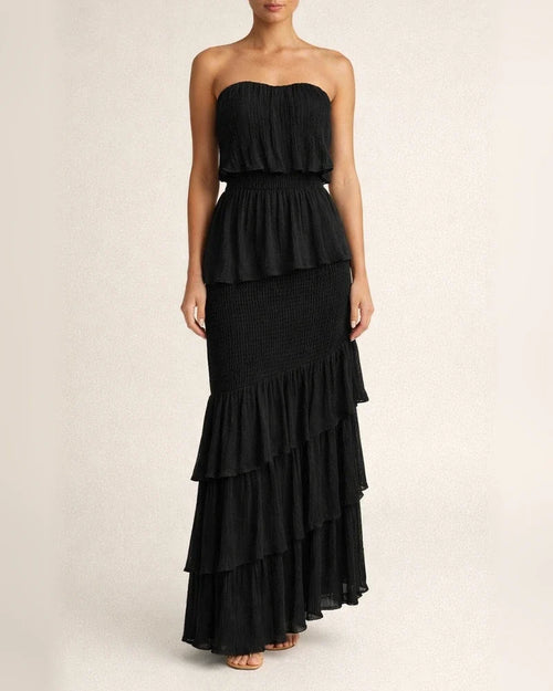 The New Temperament Commuter Elegant Sleeveless Breastless V-neck To Play Range Pressure Pleated Ruffle Long Dress | JRSEE:4fd73a46-5ad2-40d3-b4dd-05802f9bc7fd