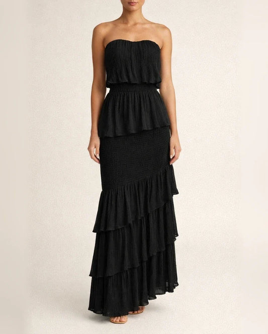 The New Temperament Commuter Elegant Sleeveless Breastless V-neck To Play Range Pressure Pleated Ruffle Long Dress | JRSEE:4fd73a46-5ad2-40d3-b4dd-05802f9bc7fd