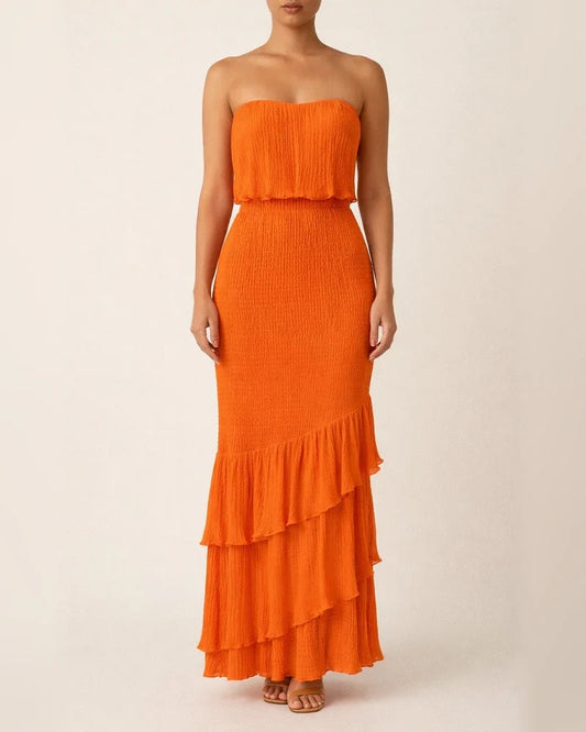 The New Temperament Commuter Elegant Sleeveless Breastless V-neck To Play Range Pressure Pleated Ruffle Long Dress | JRSEE:fe18c158-9de9-49c0-a91d-876b651447b9