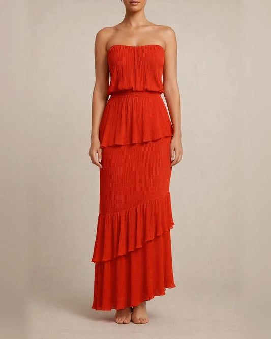 The New Temperament Commuter Elegant Sleeveless Breastless V-neck To Play Range Pressure Pleated Ruffle Long Dress | JRSEE:09bb86ff-eafa-4d2e-b579-656e147d5910