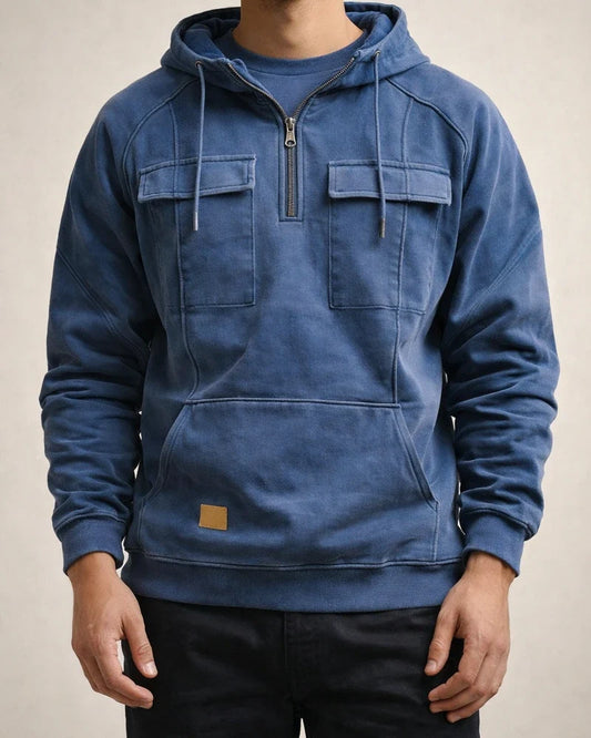 Thickened Men's Round Neck Pullover Shoulder Sleeve Hooded Solid Color Sweater Youth Sports Multi-pocket Patch Leather Sweater Jacket | JRSEE:801c4758-f90f-451a-875c-a0c0b5c0acfd