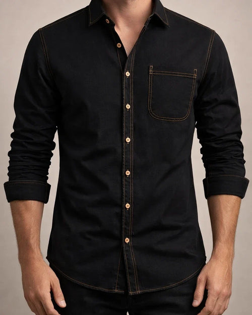 Trendy Men’s Casual Long-Sleeve 100% Cotton Solid-Color American-Style Denim Shirt | JRSEE:34c51609-2885-43d1-88a8-1b28f95b93c8