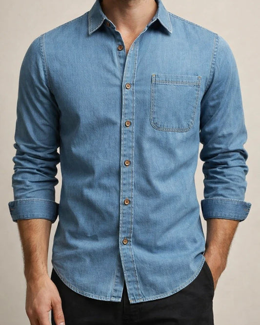 Trendy Men’s Casual Long-Sleeve 100% Cotton Solid-Color American-Style Denim Shirt | JRSEE:34f578ee-d8bc-4ae9-a8b3-a825733e5050