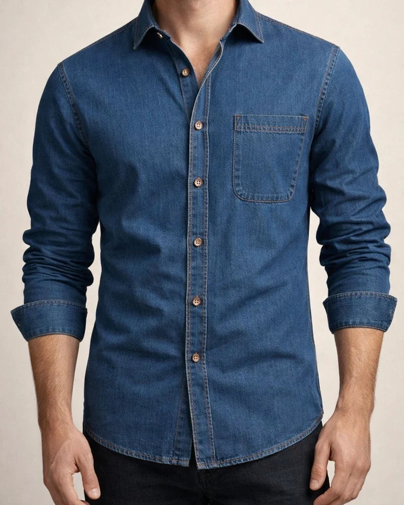 Trendy Men’s Casual Long-Sleeve 100% Cotton Solid-Color American-Style Denim Shirt | JRSEE:ce530fbf-436a-41c6-accb-517d999e3541