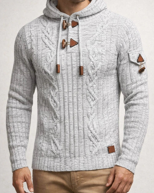 V-neck Casual Fashion Men's Knit Pullover Long Sleeve with Hood Shoulder Badge Ox Horn Button Slim Men's Sweater | JRSEE:51cbc474-fb7d-4560-b38f-b0eba8c78f10