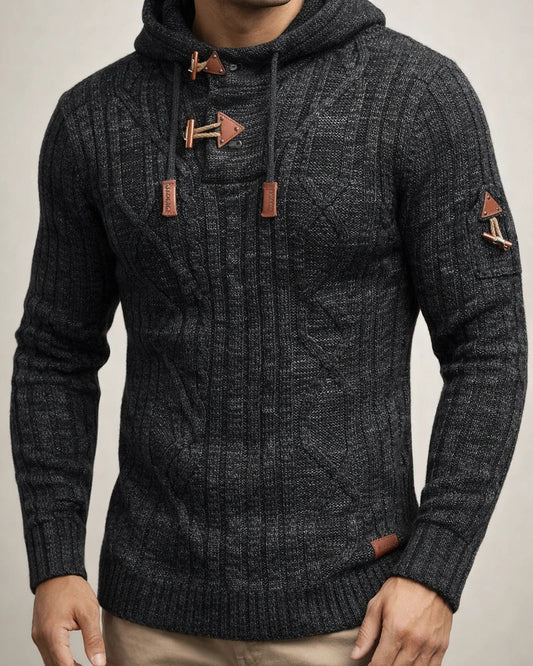V-neck Casual Fashion Men's Knit Pullover Long Sleeve with Hood Shoulder Badge Ox Horn Button Slim Men's Sweater | JRSEE:6c9a2a64-8cb8-4dff-a993-6a69210421a8
