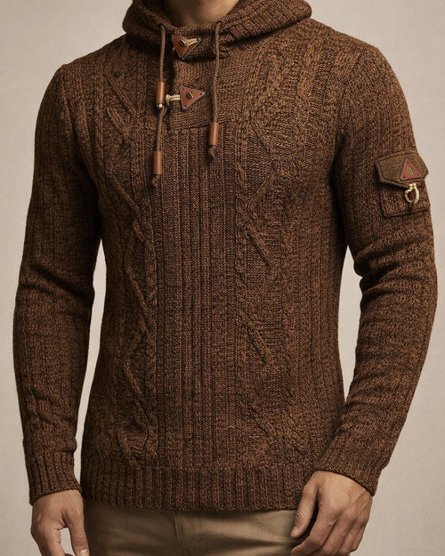 V-neck Casual Fashion Men's Knit Pullover Long Sleeve with Hood Shoulder Badge Ox Horn Button Slim Men's Sweater | JRSEE:d5b03a58-0b2b-4dce-8521-c6391afdda19