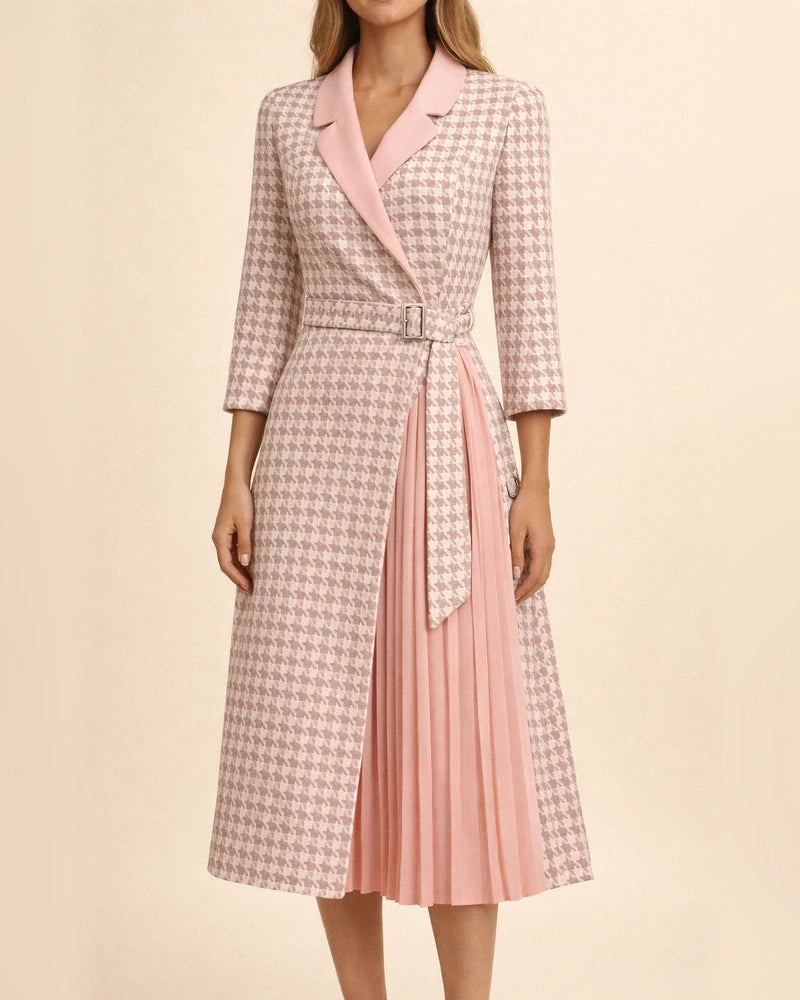 V-neck Fashion Strap Waist Sleeve Pleated Stitching Dress | JRSEE:5cdc5c5d-37af-4cd6-83a3-31dcb926b70f