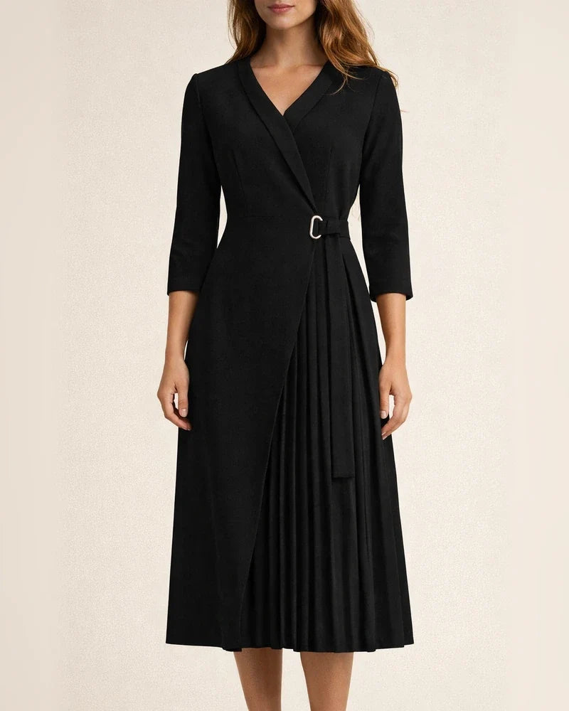 V-neck Fashion Strap Waist Sleeve Pleated Stitching Dress | JRSEE:41232aa1-b060-4511-af2e-d987102e5b4e