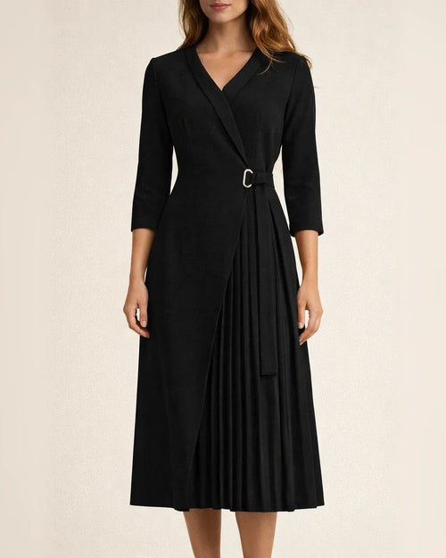V-neck Fashion Strap Waist Sleeve Pleated Stitching Dress | JRSEE:41232aa1-b060-4511-af2e-d987102e5b4e