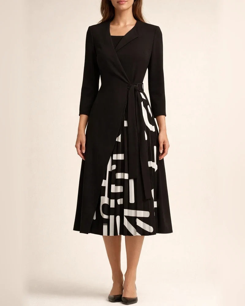 V-neck Fashion Strap Waist Sleeve Pleated Stitching Dress | JRSEE:9afb3941-82d4-40c9-9479-9288b1169c3f