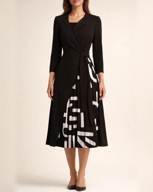 V-neck Fashion Strap Waist Sleeve Pleated Stitching Dress | JRSEE:9afb3941-82d4-40c9-9479-9288b1169c3f