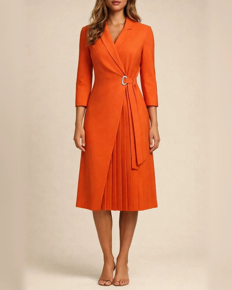 V-neck Fashion Strap Waist Sleeve Pleated Stitching Dress | JRSEE:5d4b4b38-f216-41f1-9948-4bbccf5b1028