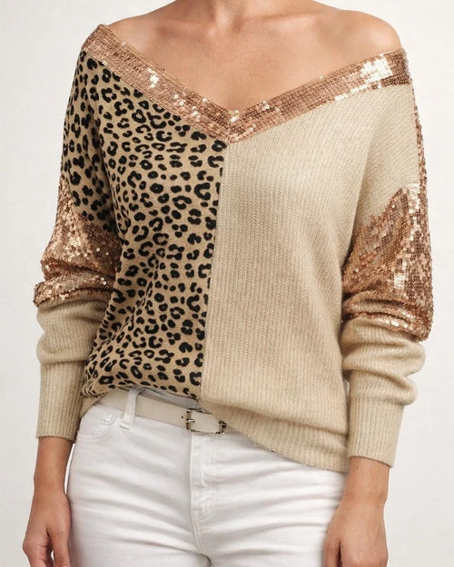 V Neck Leopard Sequin Pattern Knit Cardigan | JRSEE:d8255bc4-6120-4913-b397-20ec25ea3312