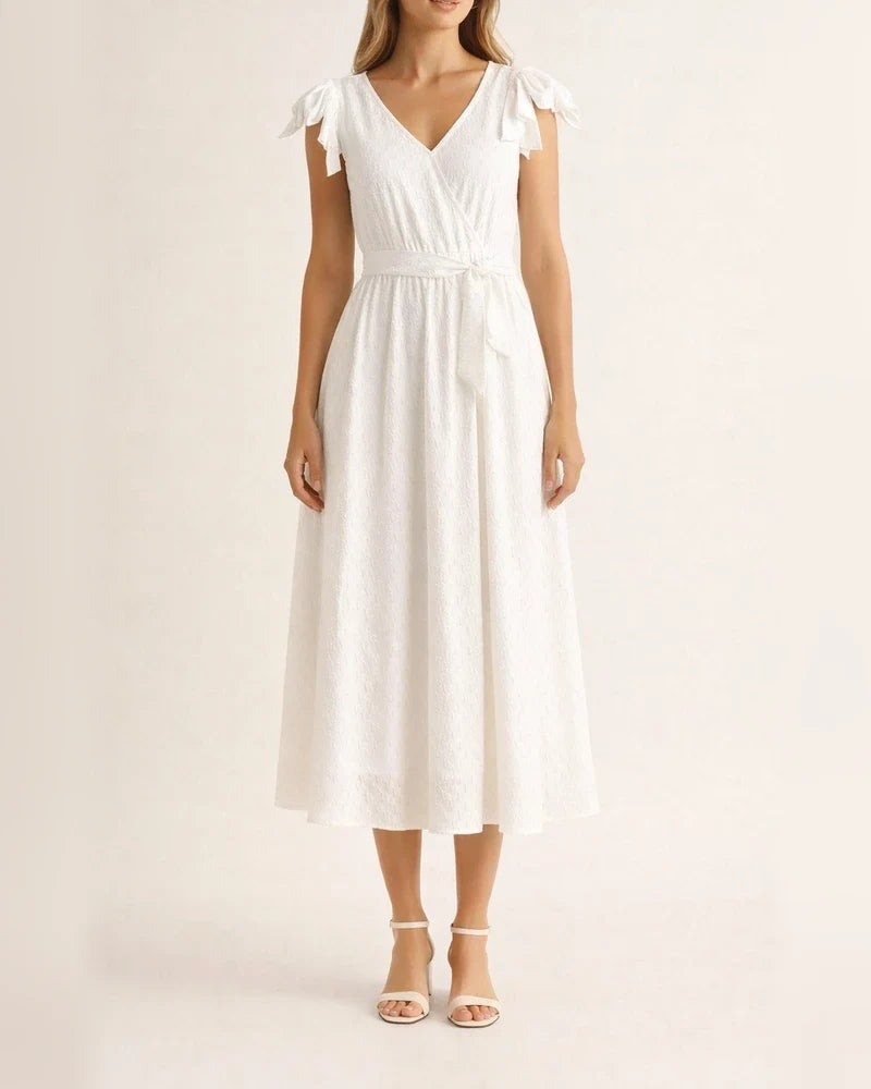 V-neck Pleated Sleeveless Belt Sundress White Dresses | JRSEE:90fac298-e6f7-4442-b185-01b4f487b762