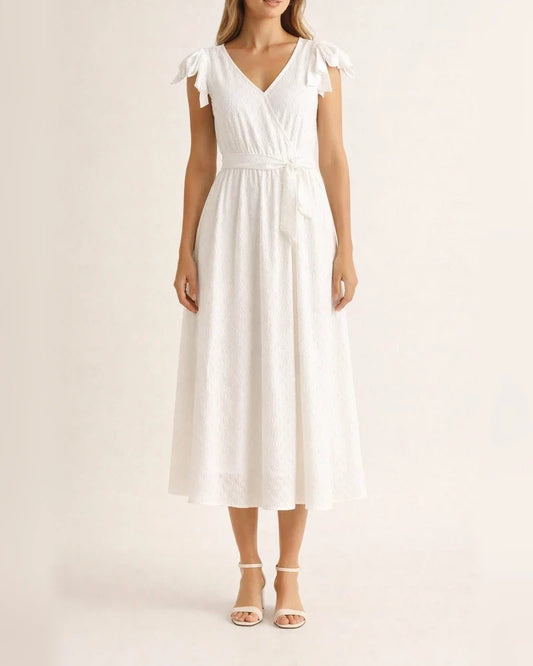 V-neck Pleated Sleeveless Belt Sundress White Dresses | JRSEE:90fac298-e6f7-4442-b185-01b4f487b762