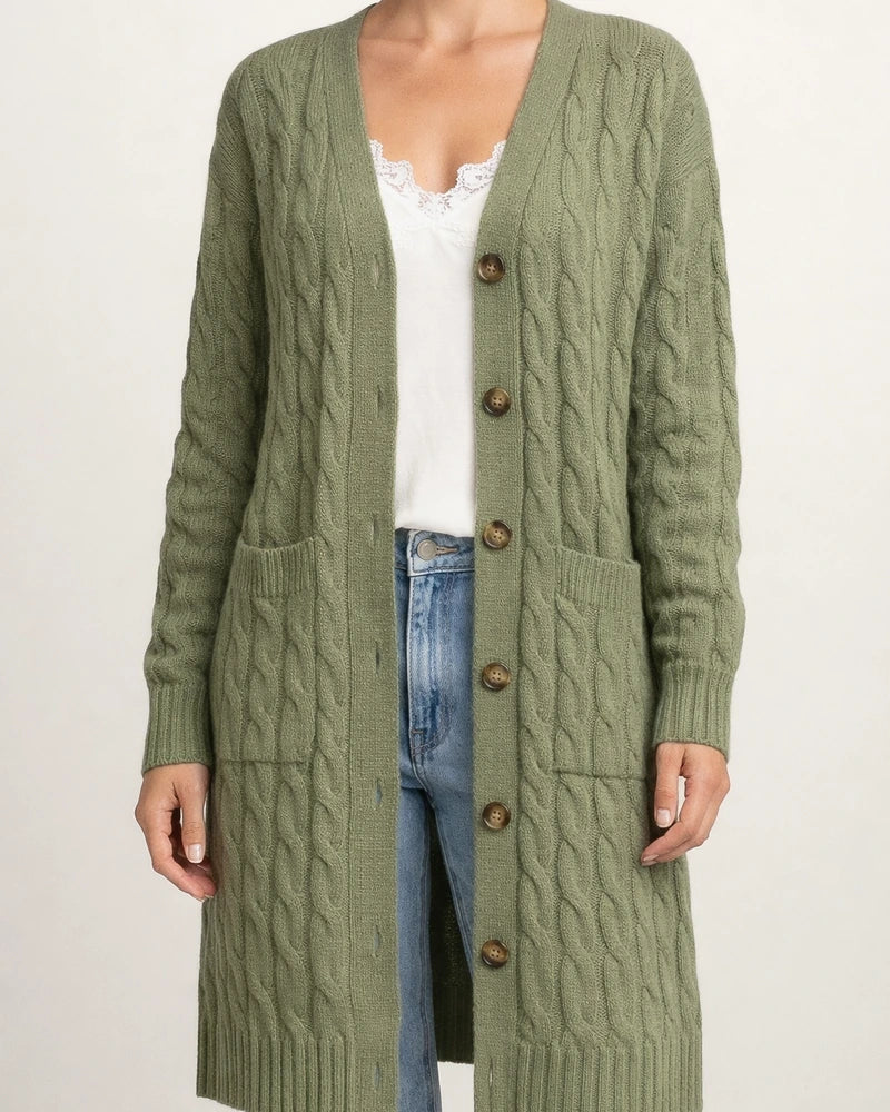 V-neck Single Breasted Pocket Solid Color Knitted Long Sweater | JRSEE:27ff3fe2-dcd9-47ea-8c77-124a494f1f03