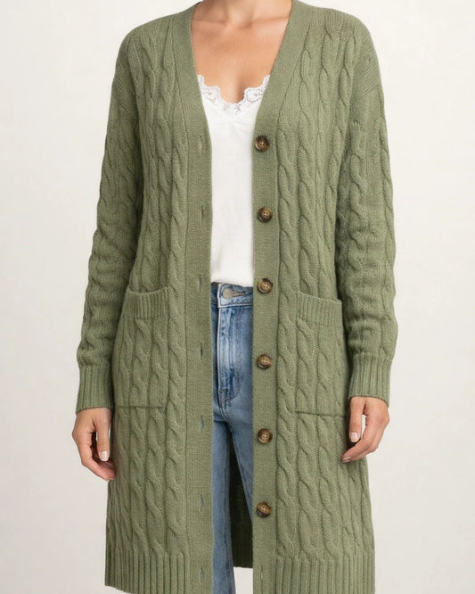 V-neck Single Breasted Pocket Solid Color Knitted Long Sweater | JRSEE:27ff3fe2-dcd9-47ea-8c77-124a494f1f03