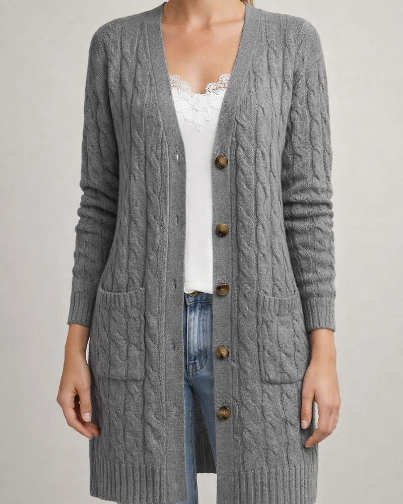 V-neck Single Breasted Pocket Solid Color Knitted Long Sweater | JRSEE:edb0a051-748f-4f22-9084-cbd5a6c8d24d
