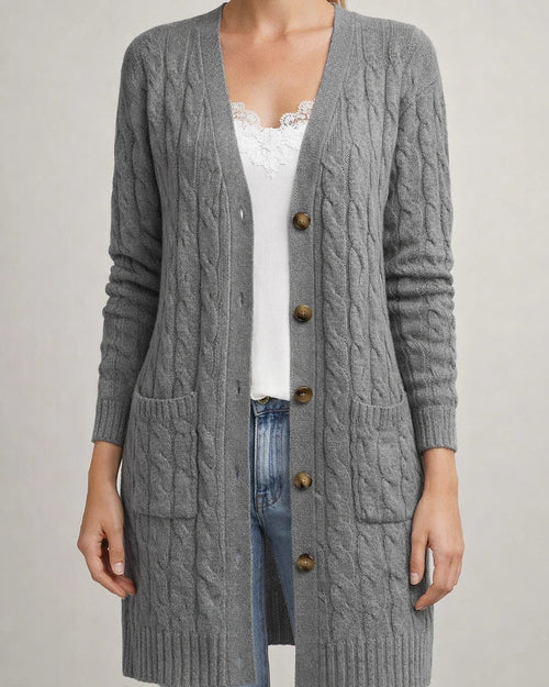 V-neck Single Breasted Pocket Solid Color Knitted Long Sweater | JRSEE:edb0a051-748f-4f22-9084-cbd5a6c8d24d