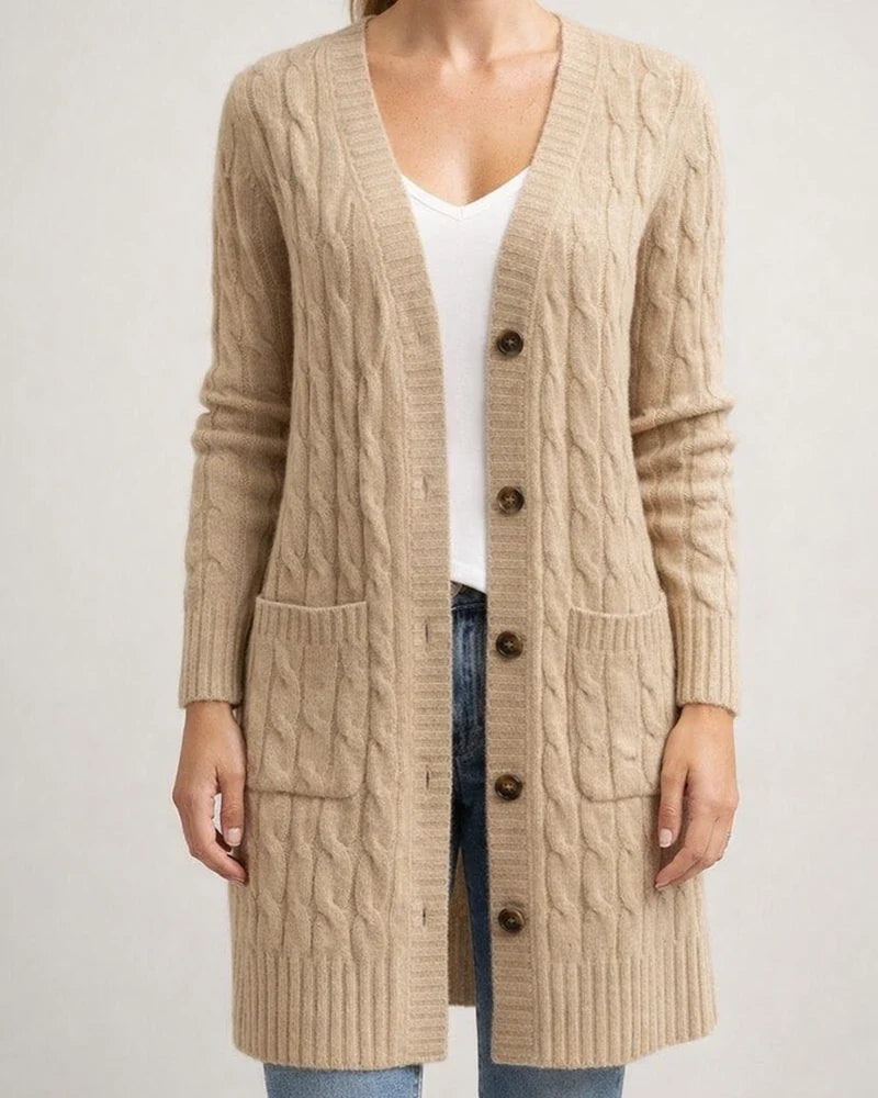 V-neck Single Breasted Pocket Solid Color Knitted Long Sweater | JRSEE:86f5ea78-d881-4a5e-a817-d0325600e66a